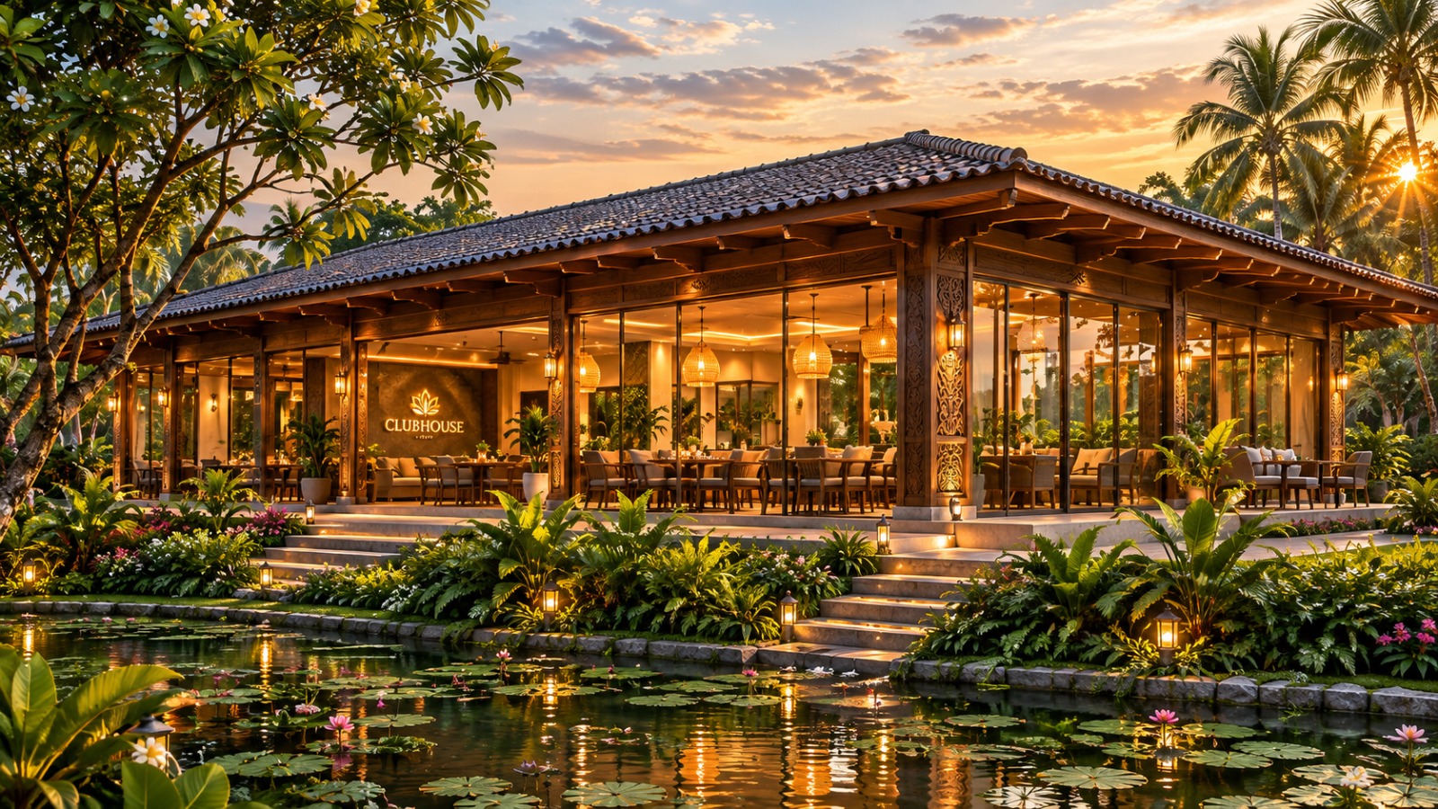 Resort clubhouse surrounded by greenery