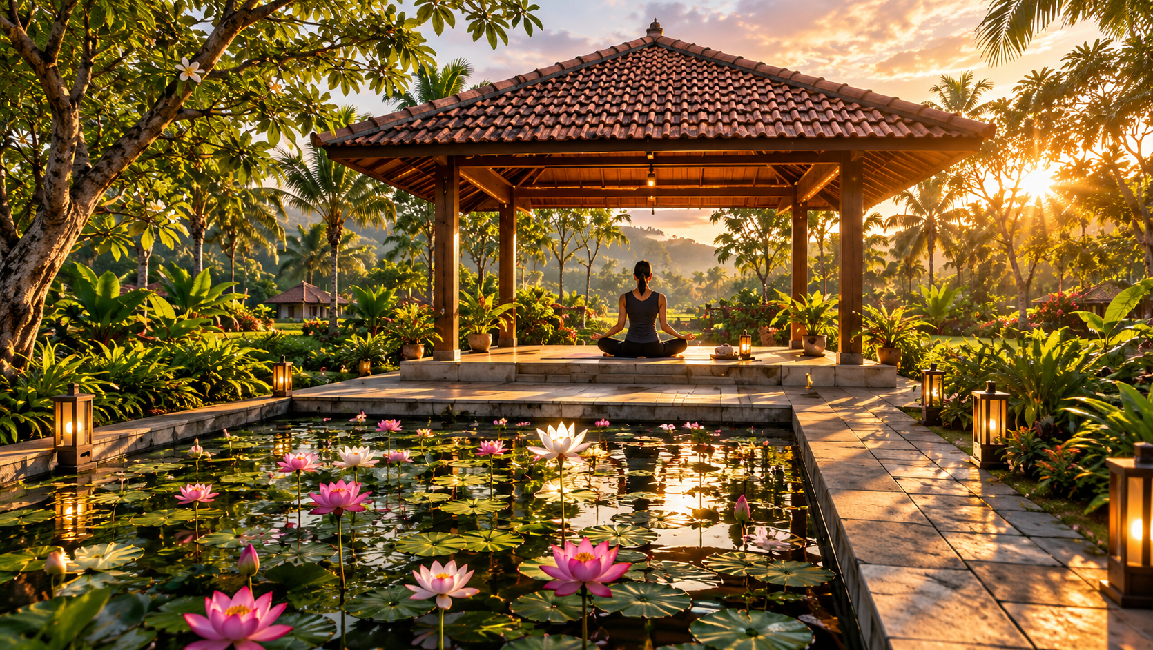Peaceful meditation pavilion and water garden